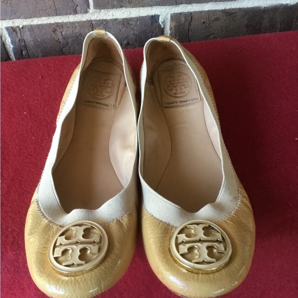 Tory Burch Yellow Patent Leather Logo Ballet Flats